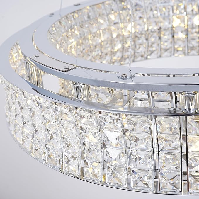 Modern Crystal Chandelier Round 16-Light Contemporary Hanging Ceiling Light Fixture Chrome Finish with Clear Rectangular Crystals Dining Room Living Room Bedroom Entryway Lighting Easy Install 31.5''