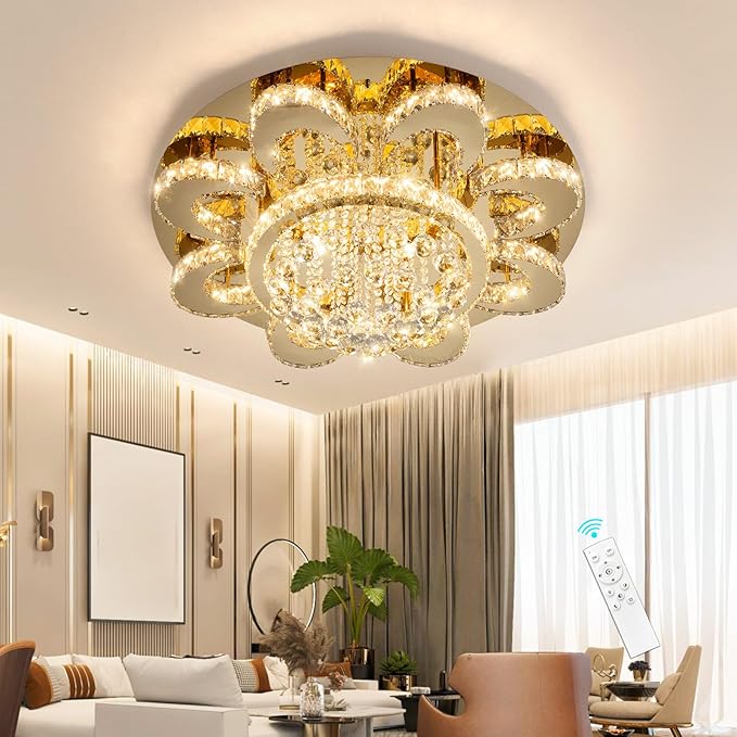 HAIXIANG Modern Chandelier Living Room Glam Chandeliers Ceiling Light Fixture Remote Dimmable Lights 32 Inches Luxury Crystal Gold Light