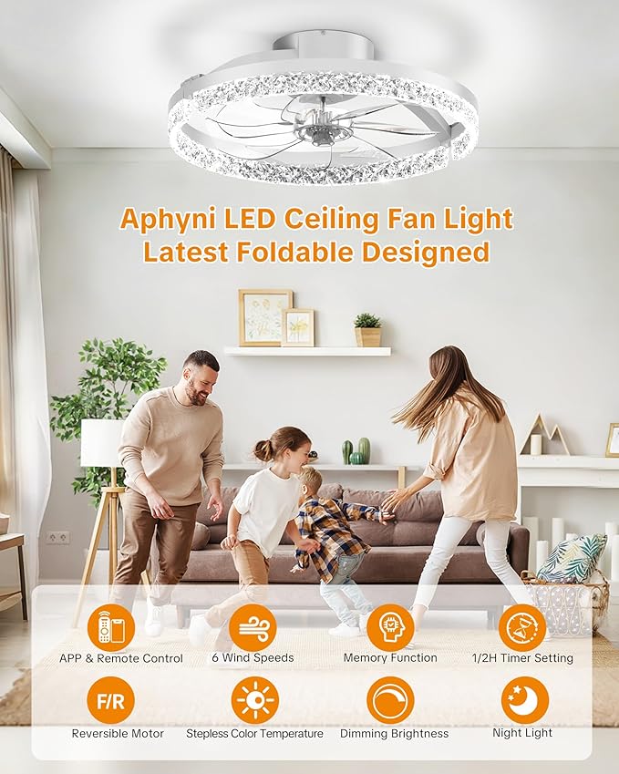Ceiling Fans with Lights and Remote Low Profile Flush Mount LED Ceiling Fan with Lights 3000K-6500K Dimmable Foldable Fandelier Light 6 Wind Speeds Night Light for Bedroom Living Room White