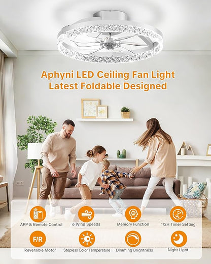 Ceiling Fans with Lights and Remote Low Profile Flush Mount LED Ceiling Fan with Lights 3000K-6500K Dimmable Foldable Fandelier Light 6 Wind Speeds Night Light for Bedroom Living Room White