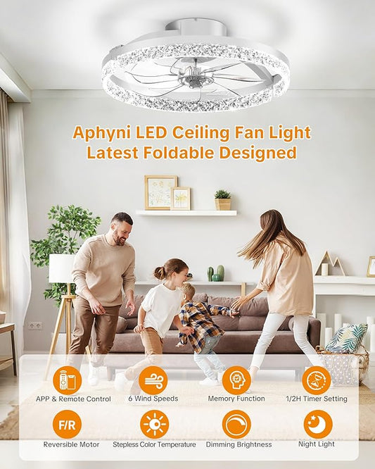 Ceiling Fans with Lights and Remote Low Profile Flush Mount LED Ceiling Fan with Lights 3000K-6500K Dimmable Foldable Fandelier Light 6 Wind Speeds Night Light for Bedroom Living Room White