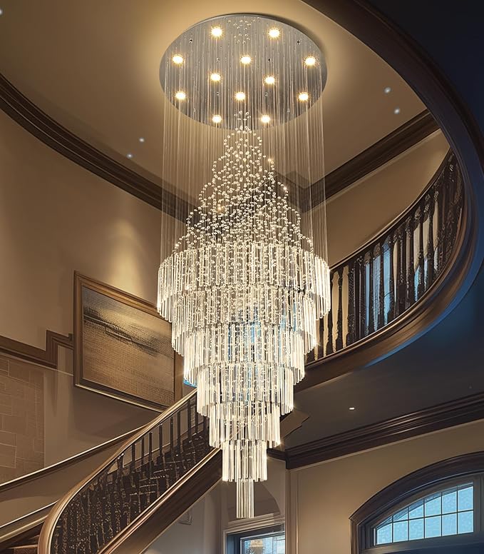 HAIXIANG W32 x H120 Glam Chandelier with LED Bulbs Crystal Raindrop High Ceiling Pendant Light for Entrance Large Villa Chandelier Foyer Lighting Fixtures Silver