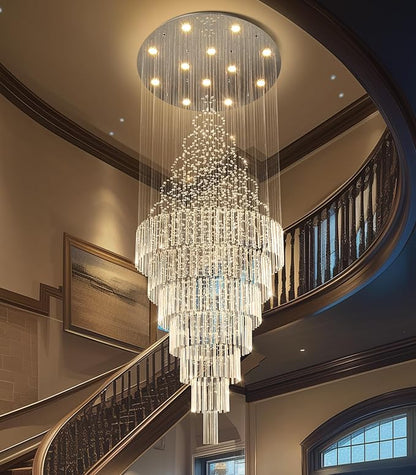 HAIXIANG W32 x H120 Glam Chandelier with LED Bulbs Crystal Raindrop High Ceiling Pendant Light for Entrance Large Villa Chandelier Foyer Lighting Fixtures Silver