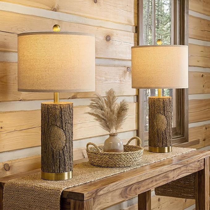OYEARS 25.5'' Rustic Farmhouse Table Lamps, Faux Wood Tree Bark Lamps with Gold Base, Bedside Lamps Set of 2 with A+C Charging Ports, Retro Nightstand Lamps for Living Room Bedroom Hallway Decor Brown