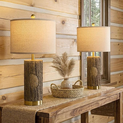 OYEARS 25.5'' Rustic Farmhouse Table Lamps, Faux Wood Tree Bark Lamps with Gold Base, Bedside Lamps Set of 2 with A+C Charging Ports, Retro Nightstand Lamps for Living Room Bedroom Hallway Decor Brown