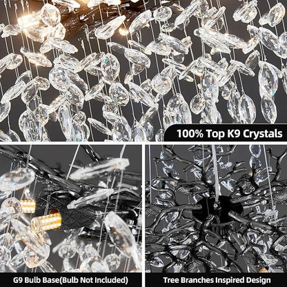Modern Tree Branch Crystal Chandelier 30" Black Luxury Large Pendant Lighting 10-Light Contemporary K9 Crystal Chandeliers for Dining Room Kitchen Living Room Foyer Entryway (Black, D30"-Round)