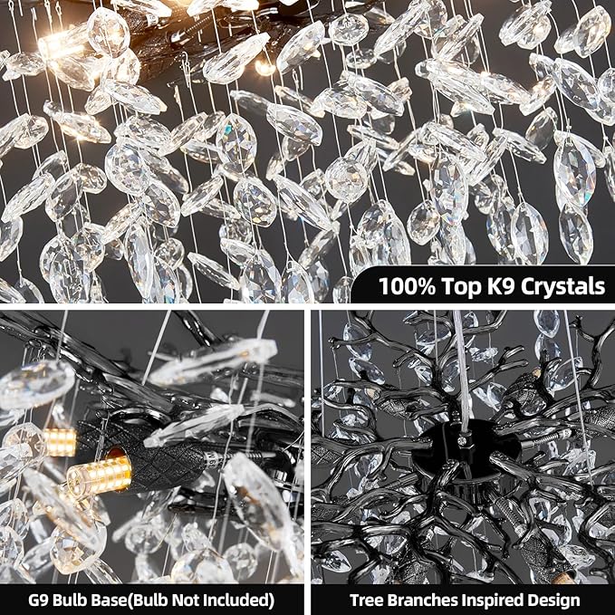 Modern Tree Branch Crystal Chandelier 18" Black Luxury Large Pendant Lighting 6-Light Contemporary K9 Crystal Chandeliers for Dining Room Kitchen Living Room Foyer Entryway (Black, D18-Round)