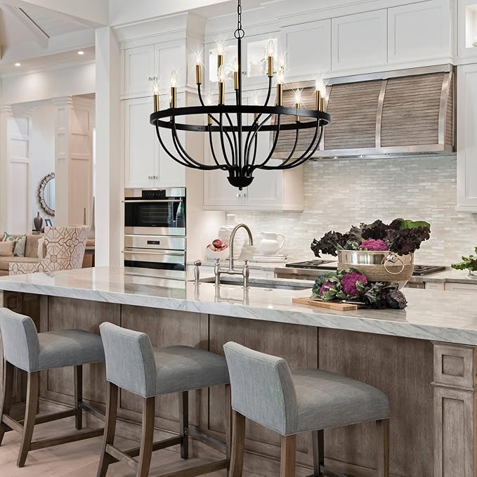 Modern Farmhouse Chandelier for Dining Room 15 Lights, Industrial Black and Gold Lighting Fixture, Candle Pendant Light for Kitchen Island High Ceilings Living Room Hallway Entryway Foyer