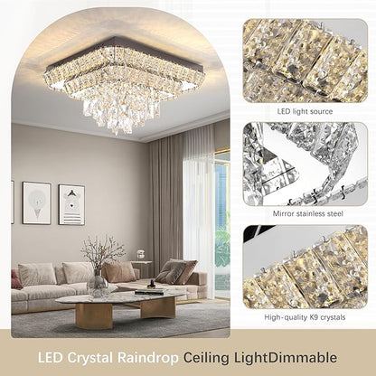 Miuyhji Elegant LED Crystal Raindrop Ceiling Light,18in Square Flush Mount Chandelier with Remote for Living Room Kitchen Island Bedroom Hallway Entryway Foyer (Dimmable)