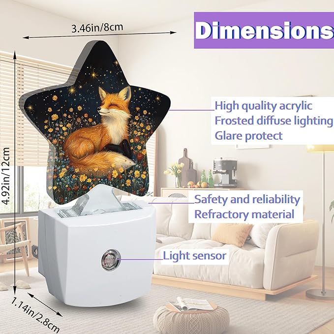 Night Lights Plug Into Wall Decorative,Fox Animal Nightlights for Kids Bedroom, Wildflowers Energy Efficient Dusk-to-Dawn Sensor Sleep Friendly Lamp for Nursery Bathroom