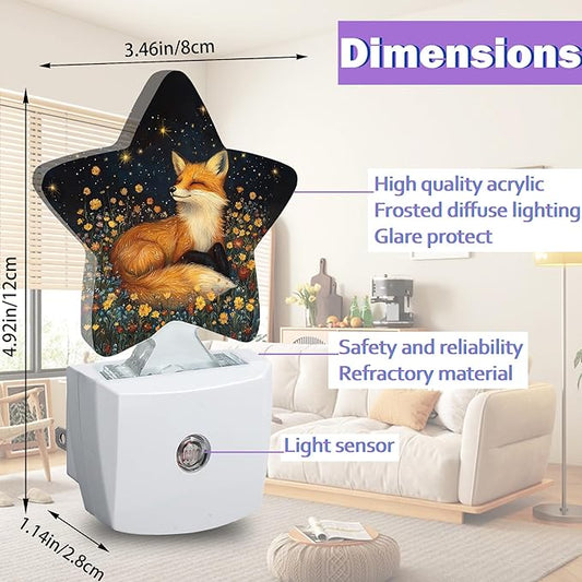 Night Lights Plug Into Wall Decorative,Fox Animal Nightlights for Kids Bedroom, Wildflowers Energy Efficient Dusk-to-Dawn Sensor Sleep Friendly Lamp for Nursery Bathroom