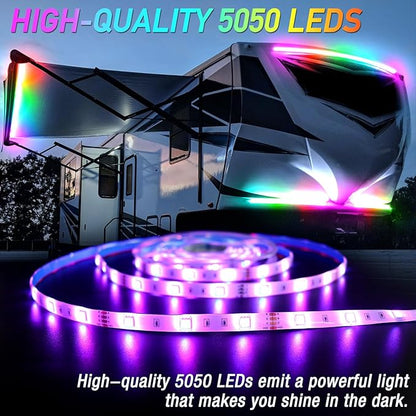 16.4FT RV Awning Lights, 12V Camper LED Light Strip with Remote and APP Control, Waterproof RV Exterior Strip Lights for Canopy Motorhome Travel Trailer Camping BBQ Kitchen (1PC-16.4FT New)