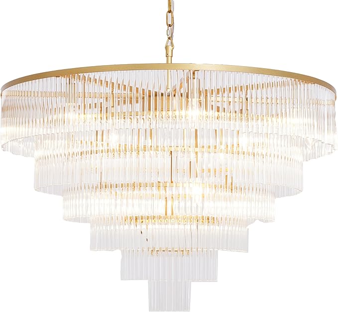 Modern Multi-Tier Crystal Chandelier 6-Tier Round Gold Finish Ceiling Light -Cylindrical Glass Rods -Dining Room Living Room Bedroom Entryway -Luxury Lighting Fixture 35.5''