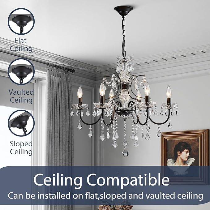 Bestier Black Finish Elegent Crystal Candle Candelabra Chandelier 6 Light Lighting Fixture LED Pendant Ceiling Light Dia 26 in x H 26 in