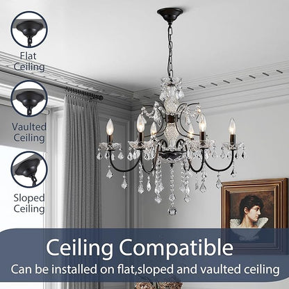 Bestier Black Finish Elegent Crystal Candle Candelabra Chandelier 6 Light Lighting Fixture LED Pendant Ceiling Light Dia 26 in x H 26 in