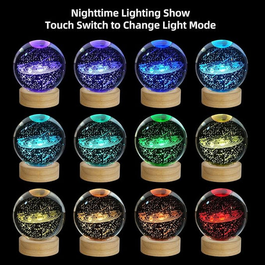 3D Solar System Crystal Ball Night Light, Upgraded 3.15 Inch Glass Ball Lamp with 16 Color LED Wooden Base, Solar System Model Desk Decor Birthday Christmas Space Gifts for Kids Friends