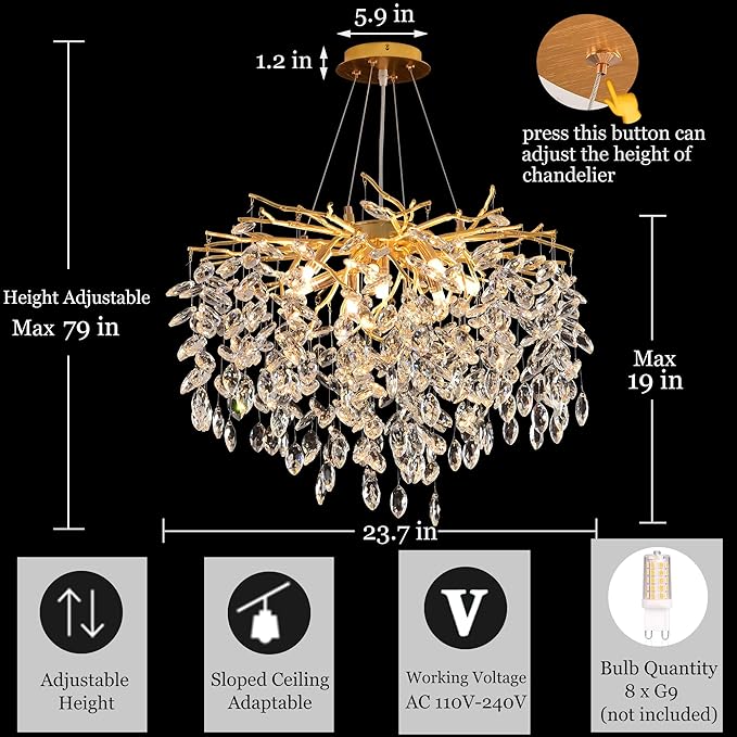 Gold Crystal Tree Branch Chandelier, Modern Round Art Deco Raindrop Lighting Fixture for Dining Room Bedroom Living Room 8 Lights D23.7''