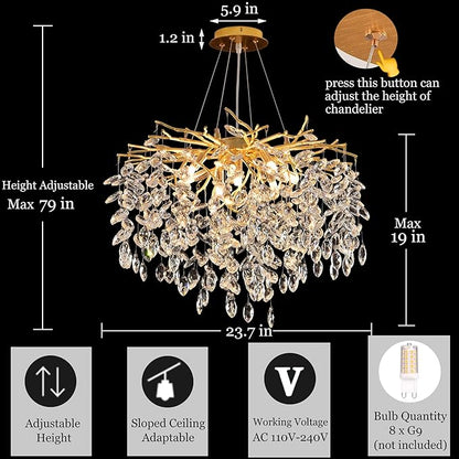 Gold Crystal Tree Branch Chandelier, Modern Round Art Deco Raindrop Lighting Fixture for Dining Room Bedroom Living Room 8 Lights D23.7''