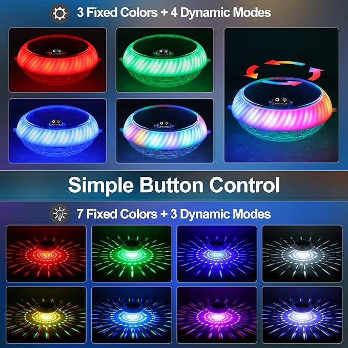 Askyli Floating Pool Lights, IP68 Waterproof Solar Pool Lights That Float, Up and Down Color Changing Solar Floating Pool Light with 7 Dynamic Lighting Effects, Floating Light for Pools,Party(1)