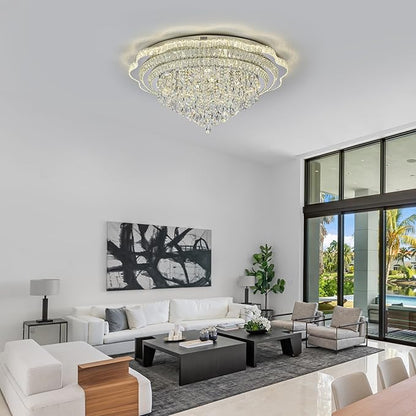 Silver LED Crystal Ceiling Light for Living Room, 40" Modern Large Flush Mount Chandelier with K9 Crystal Raindrop,Elegant Lighting Fixture with Remote Control for Hallway Dinning Room