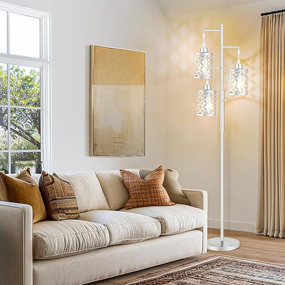 Dimmable Floor Lamp, Farmhouse Standing Lamp with Elegant Metal Cage, Industrial Tall Tree Floor Lamps for Living Room, Bedroom, Study Room, Office, 3 x 800LM LED Bulbs Included, 72",Silver