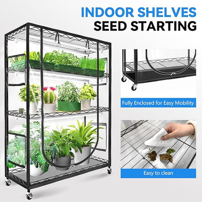 JESLED Indoor Greenhouse with Grow Light, 3FT Full Spectrum 5000K LED Light for Seed Starting, Tiered Lighting Control, Built-in Timer & Thermo-Hygrometer, Rolling Metal Plant Stand (35.4x13.8x59IN)