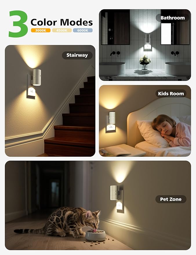 JOFIOS Night Lights Plug Into Wall,Dimmable LED Nightlight with Dusk to Dawn Light Sensor,0-100LM Adjustable Brightness,3 Color Temperatures,Night Light for Hallway Bathroom Stair Bedroom,White,2 Pack