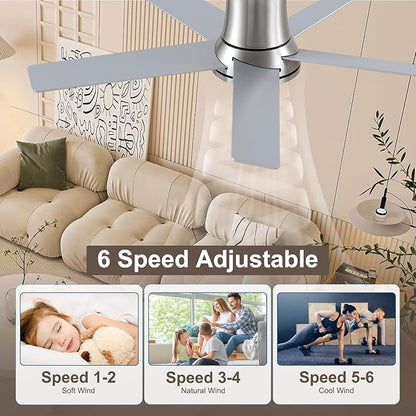 52 Inch Ceiling Fans with Lights and Remote,Nickel Flush Mount Ceiling Fan,Quiet 6 Speed Reversible DC Motor,3CCT Dimmable LED,3 Timers-Low Profile Design for Bedroom Kids Room Living Room
