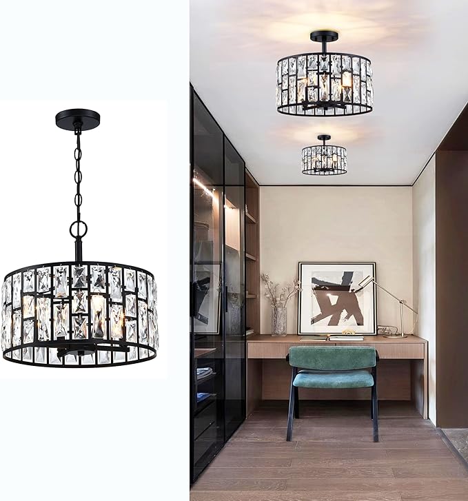 MEXO Farmhouse Crystal Convertible Chandelier and Semi Flush Mount Lighting Black Cylinder Drum Shade Pendant for Kitchen Island Dining Room Bedroom Hallway