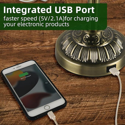 Bankers Desk Lamp with USB-A Charging Port, Vintage Green Glass Desk Lamp with Pull Chain, Antique Brass Banker's Desk Lamp for Home Office Library