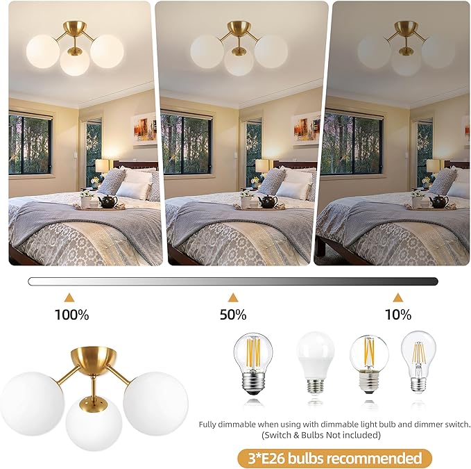 Bagood Mid-Century Modern Semi Flush Mount Ceiling Light 3 Lights Opal Glass Modern Globe Ceiling Light Gold Brass Sputnik Chandeliers for Hallway Entryway Kitchen Bedroom Laundry(Bulb Incl.)