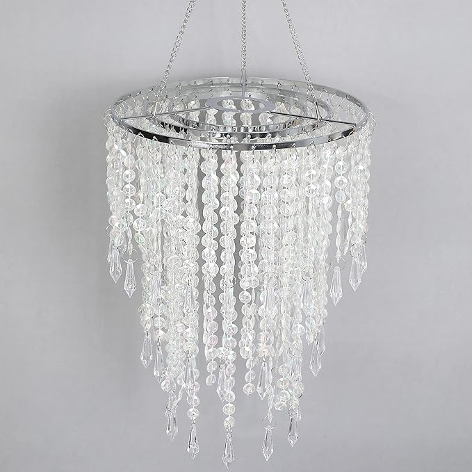 Acrylic Chandelier Shade, Ceiling Light Shade Beaded Pendant Lampshade with Crystal Beads and Chrome Frame for Bedroom, Wedding or Party Decoration, Diameter 8.7'' 3 Tiers