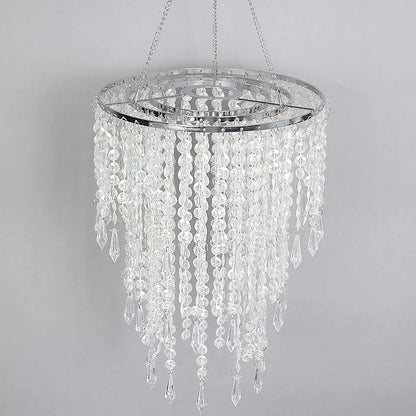 Acrylic Chandelier Shade, Ceiling Light Shade Beaded Pendant Lampshade with Crystal Beads and Chrome Frame for Bedroom, Wedding or Party Decoration, Diameter 8.7'' 3 Tiers