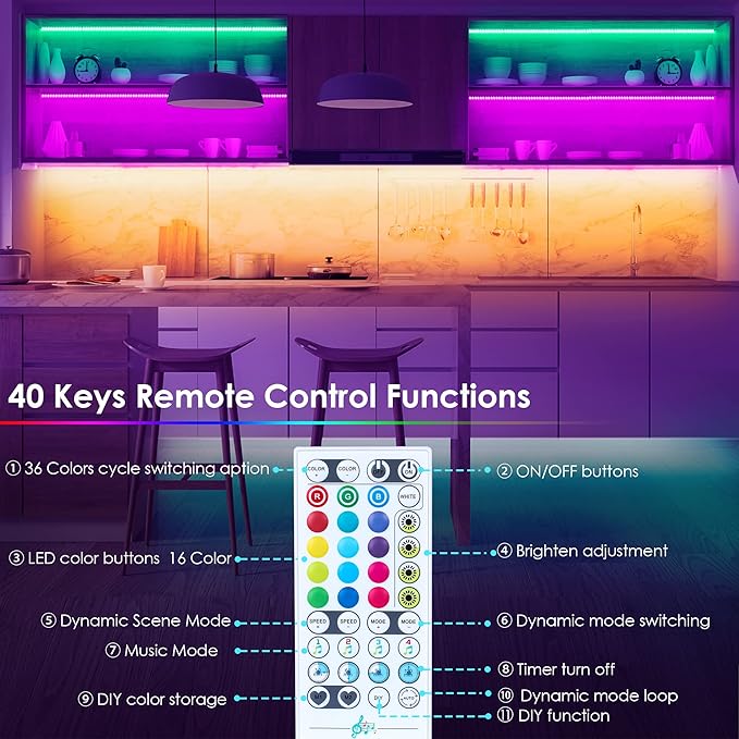 maylit 10 PCS 20In Smart RGB Under Cabinet Lights Kit, Work with Alexa and Google Assistant, App and Remote Control, Music Sync Color Changing, Timer, Dimmable, for Cabinet, Counter, Shelf, Bookcase