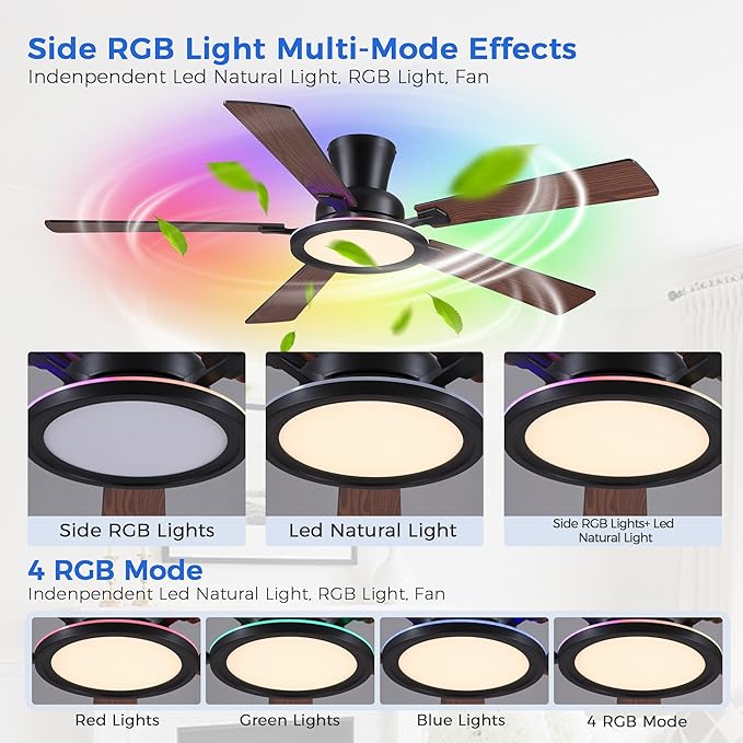 Ayaoty 52in Flush Mount Ceiling Fan with RGB Lights and Remote/APP, Low Profile RGB Ceiling Fan with 5 Reversible Blades, Dimming, Indoor Modern Fan Light Fixutre for Kid's Room, Bedroom, Brown