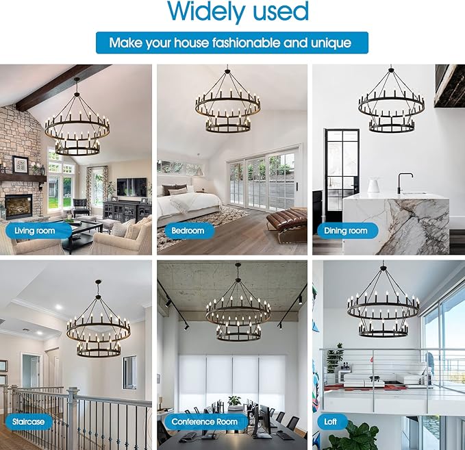 HHR 48 Inch 2 Tier Wagon Wheel Chandelier, 36-Light Extra Large Black Round Chandelier, Rustic Farmhouse Light Fixture for High Ceilings, Dining Room Living Room Foyer Entryway