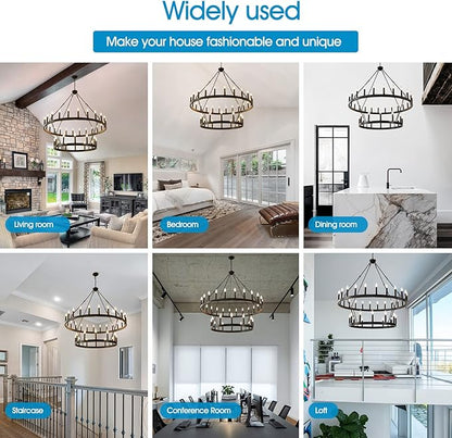 HHR 48 Inch 2 Tier Wagon Wheel Chandelier, 36-Light Extra Large Black Round Chandelier, Rustic Farmhouse Light Fixture for High Ceilings, Dining Room Living Room Foyer Entryway
