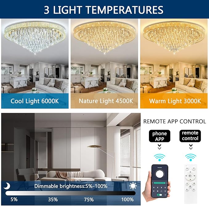53.7" Modern Crystal Big Large Chandeliers LED Dimmable Flush Mount Ceiling Chandeliers for Living Room High Ceiling Entrance Foyer Lobby Bedroom Gold