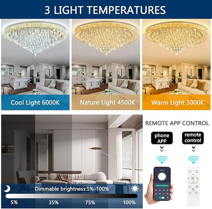 53.7" Modern Crystal Big Large Chandeliers LED Dimmable Flush Mount Ceiling Chandeliers for Living Room High Ceiling Entrance Foyer Lobby Bedroom Gold