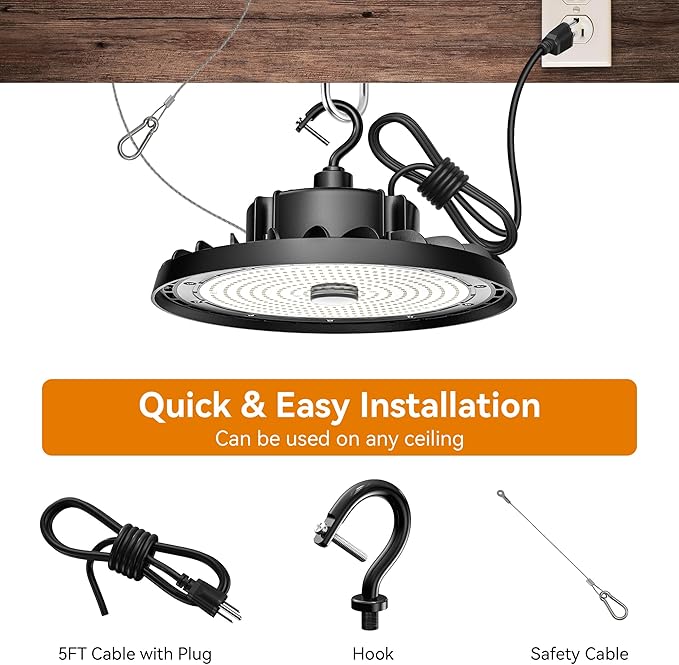 UFO LED High Bay Light 240W 36,000lm 5000K Daylight, High Bay LED Shop Lights with US Plug 5’ Cable, Commercial Warehouse Lights, Factory Area Lighting Fixture, Non-Dim, 2PCS
