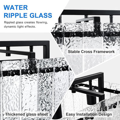 Modern Rectangle Black Crystal Chandeliers for Dining Room, 42" Large Rectangular Water Ripple Glass Island Light Fixture, Linear Farmhouse Lighting for Kitchen Island, Living Room