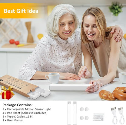 51-LED Motion Sensor Under Cabinet Lights, Magnetic Rechargeable Under Counter Closet Lighting, Wireless Light Bar Stick-On, 2-Pack, Warm White
