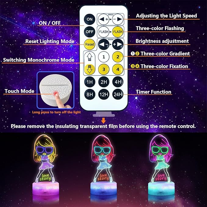 Girls Gifts, Singing Girl Birthday Gift, Cool 3D Night Light for Music Fans Merch, Table Lamp for Music Party Supplies, Decoration for Room, Night Light with Multi-Colors Change and Timing