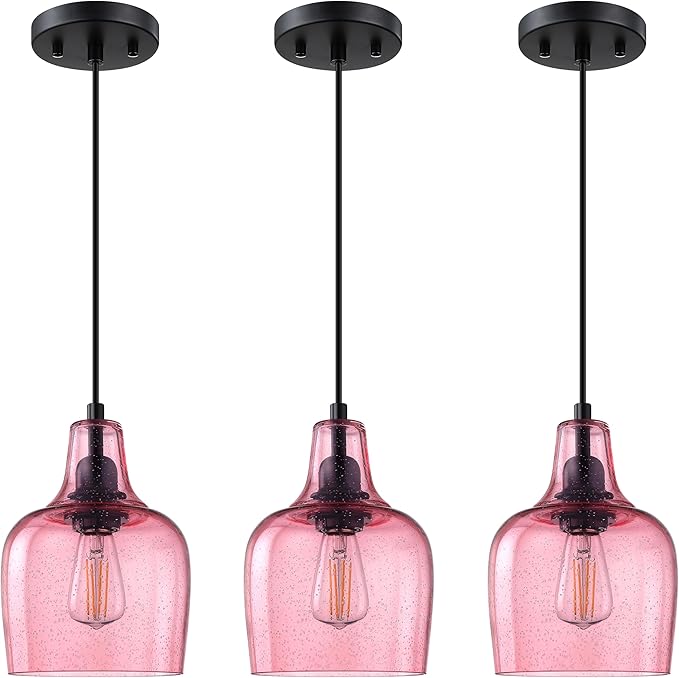 3 Pack 1 Light Hanging Indoor Kitchen Island Pendant Light 6.1" Seeded Pink Glass Pendant Ceiling Light Fixtures Black Finish Modern Farmhouse Dinning Over Sink