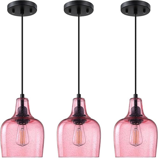 3 Pack 1 Light Hanging Indoor Kitchen Island Pendant Light 6.1" Seeded Pink Glass Pendant Ceiling Light Fixtures Black Finish Modern Farmhouse Dinning Over Sink