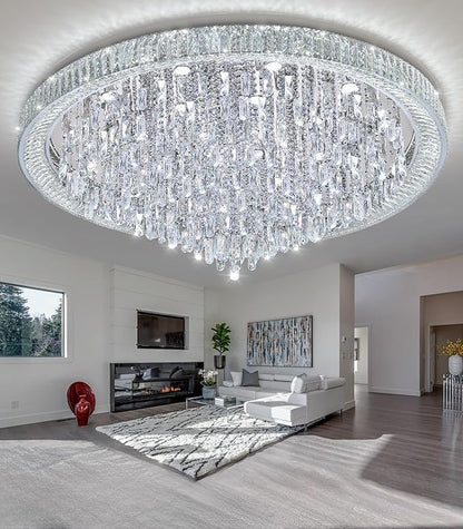 53.7" Modern Chandeliers LED Dimmable Crystal Flush Mount Ceiling Chandeliers for Living Room High Ceiling Entrance Foyer Lobby Bedroom Silver