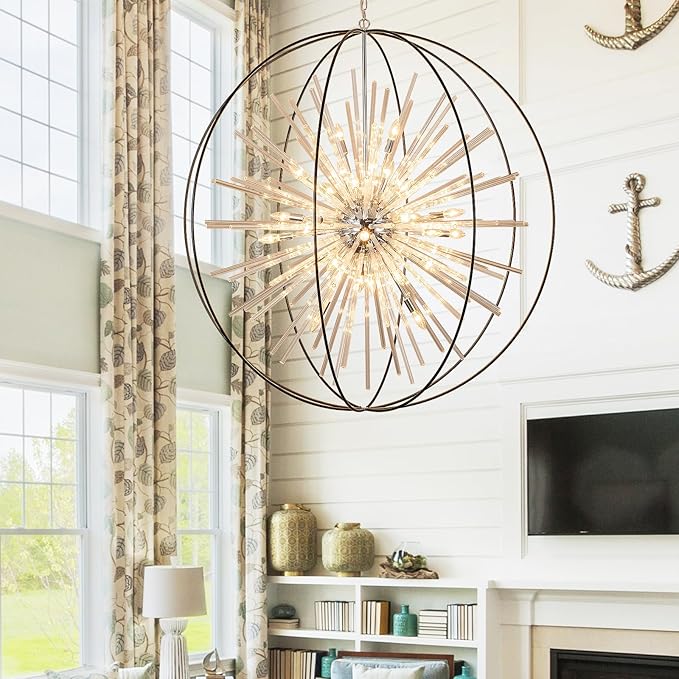 Vezzio 52" Large Globe Chandeliers for High Ceilings 32-Light Modern Black Crystal Chandelier Pendant Light Fixture for Entryway, Foyer, Stairway, Kitchen, Dining, Living Room