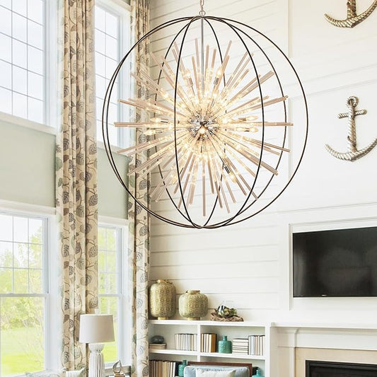 Vezzio 52" Large Globe Chandeliers for High Ceilings 32-Light Modern Black Crystal Chandelier Pendant Light Fixture for Entryway, Foyer, Stairway, Kitchen, Dining, Living Room