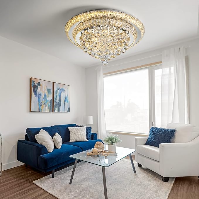 Miuyhji Elegant LED Crystal Raindrop Ceiling Light, 24" Flush Mount Chandelier Light Fixture with Remote Control for Living Room, Kitchen, Island, Bedroom, Hallway Entryway Foyer(Dimmable)