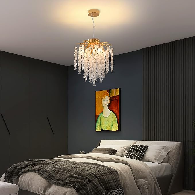 Modern Tree Branch Chandelier, D11.8'' Gold Crystal Raindrop Indoor Hanging Pendant Light Fixture for Dining Room Kitchen Island Bedroom 5 Lights